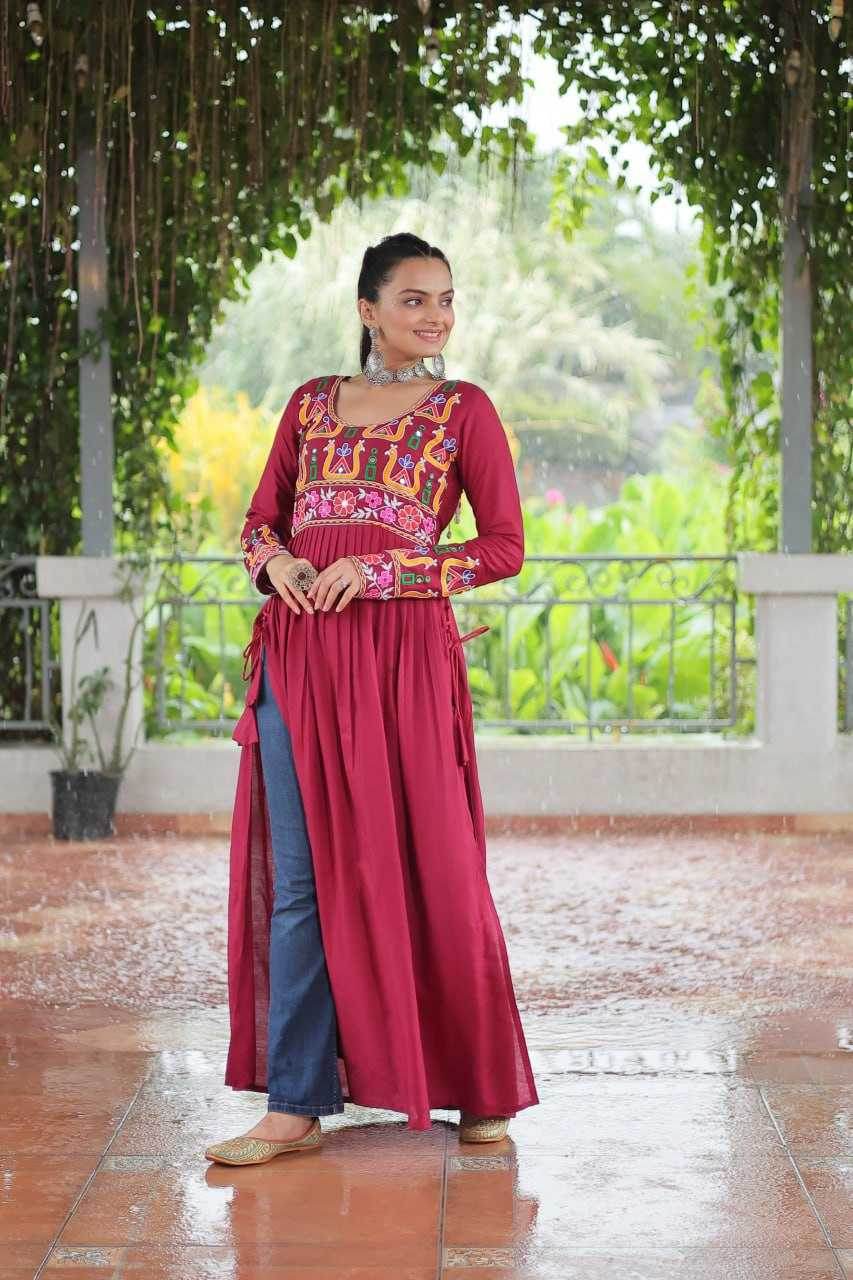 Reyon Cotton Long Embroidered Navratri Kurti - MYLUXURY LANE ENTERPRISE